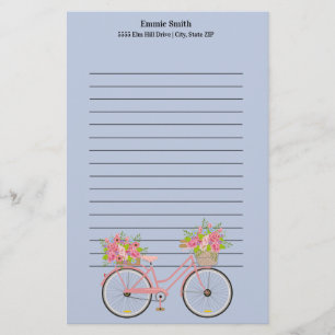 Personalised Cute Pink Bicycle with Flowers Blue Stationery