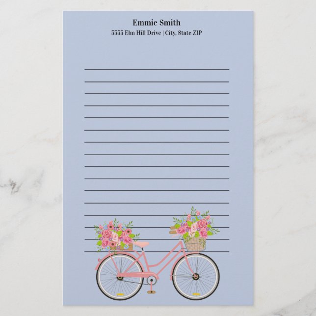 Personalised Cute Pink Bicycle with Flowers Blue Stationery (Front)
