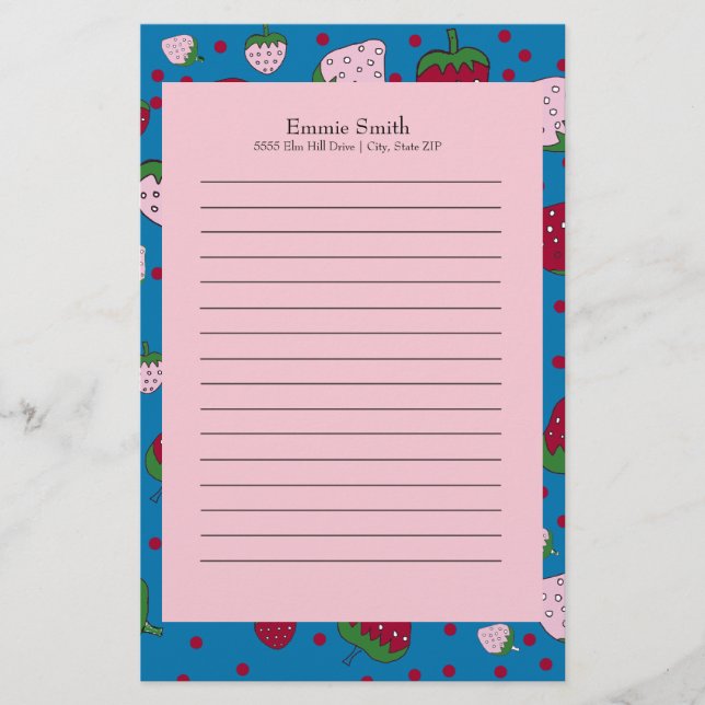 Personalised Cute Pink Blue Red Strawberry Stationery (Front)
