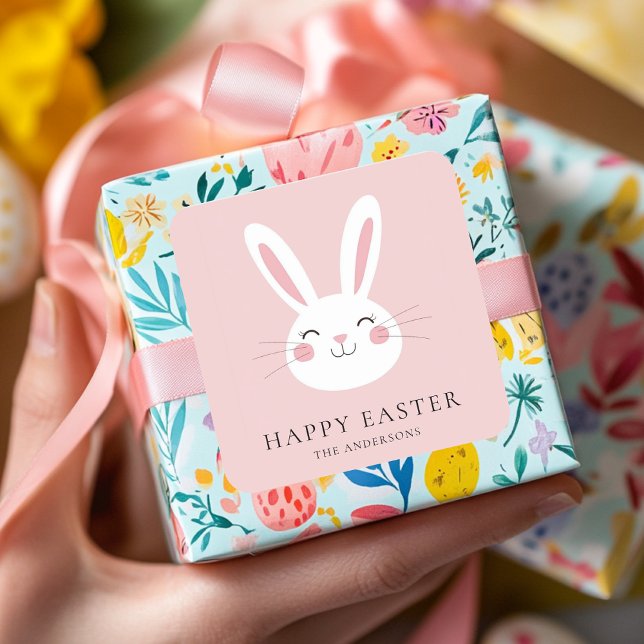 Personalised Cute Pink Bunny Easter Square Sticker (Creator Uploaded)