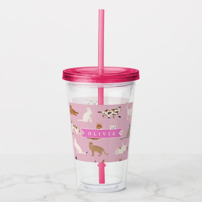 Personalised Cute Pink Cat Pattern Gift Cat Lover Acrylic Tumbler (Front)