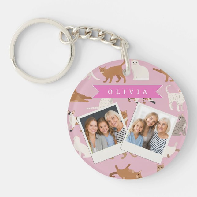 Personalised Cute Pink Cat Pattern Gift Cat Lover Key Ring (Front)
