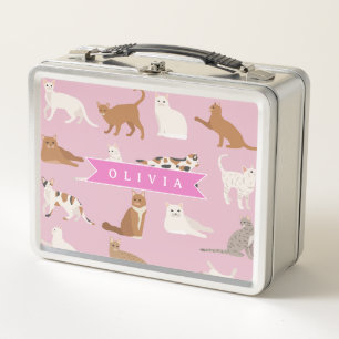 Personalised Cute Pink Cat Pattern Gift Cat Lover Metal Lunch Box