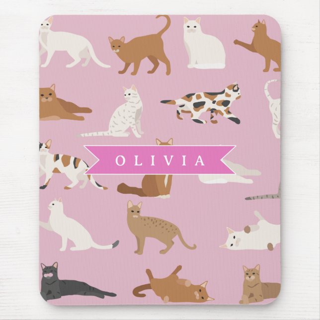 Personalised Cute Pink Cat Pattern Gift Cat Lover Mouse Mat (Front)