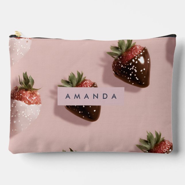 Personalised Cute Pink Chocolate-dipped Strawberry Accessory Pouch (Front)
