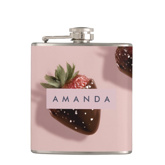 Personalised Cute Pink Chocolate-dipped Strawberry Hip Flask (Front)