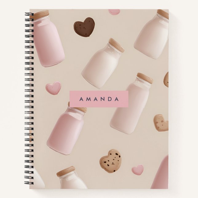 Personalised Cute Pink Cookie and Strawberry Milk Notebook (Front)