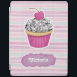 Personalised Cute Pink Cupcake iPad Smart Cover<br><div class="desc">This Ipad smart cover is decorated with a chic sparkly cupcake with a cherry on top. This girly notebook has a pink and purple striped background. Personalise it with your name. Great for back to school. Designed for you by Blackberry Boulevard.</div>