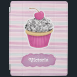 Personalised Cute Pink Cupcake iPad Smart Cover<br><div class="desc">This Ipad smart cover is decorated with a chic sparkly cupcake with a cherry on top. This girly notebook has a pink and purple striped background. Personalise it with your name. Great for back to school. Designed for you by Blackberry Boulevard.</div>