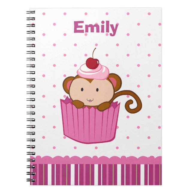Personalised cute pink cupcake monkey notebook (Front)