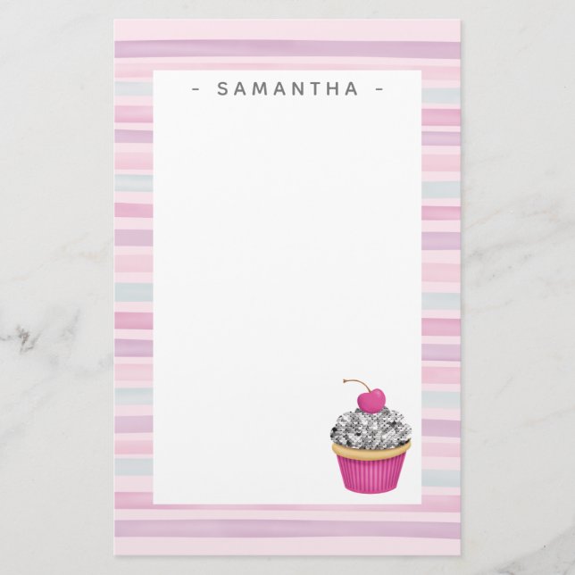 Personalised Cute Pink Cupcake Stationery (Front)