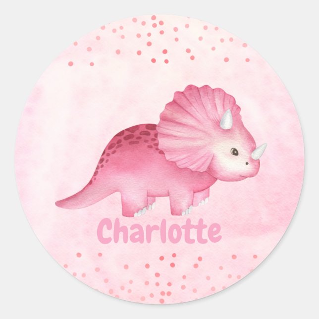 Personalised Cute Pink Dinosaur   Classic Round Sticker (Front)