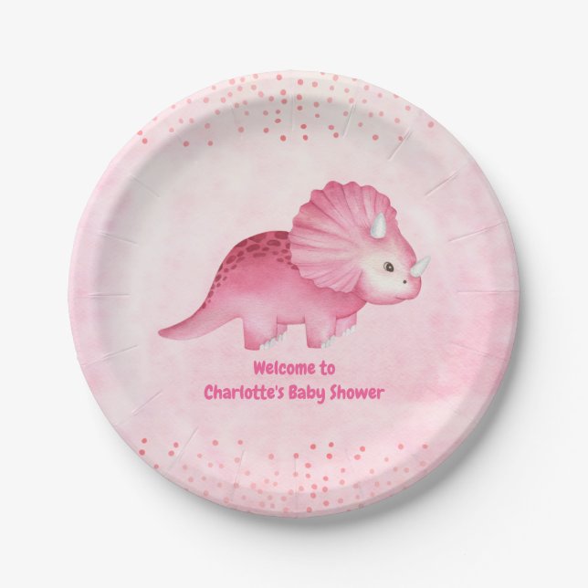 Personalised Cute Pink Dinosaur   Paper Plate (Front)