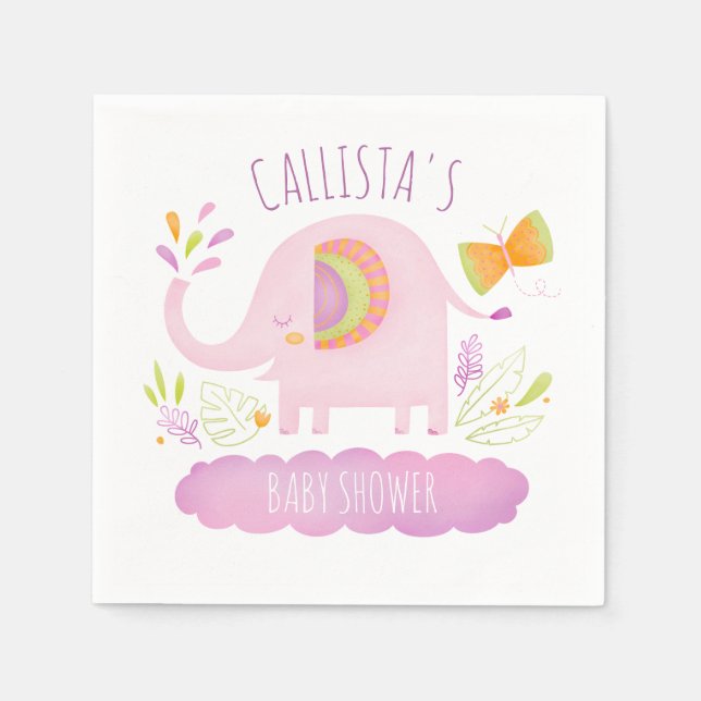 Personalised Cute Pink Elephant Baby Shower Napkin (Front)