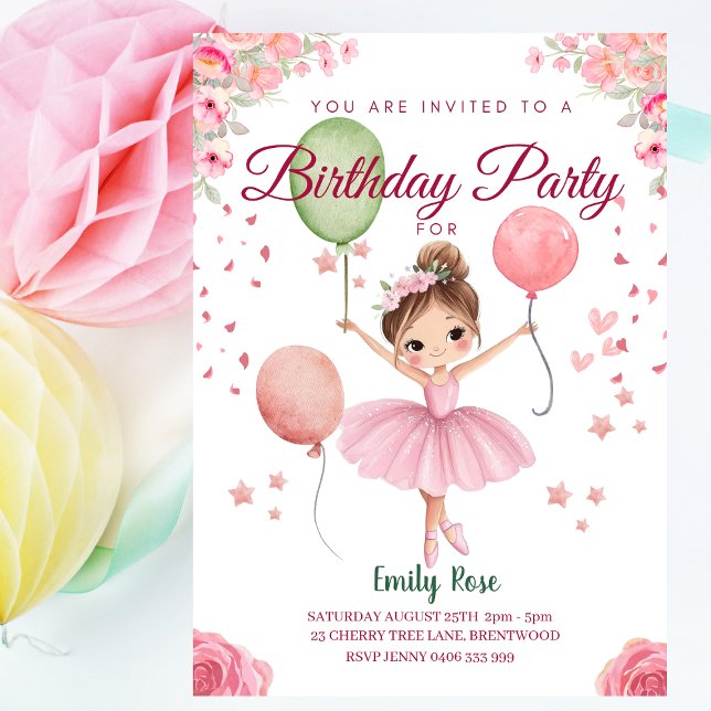 Personalised Cute Pink Floral Ballerina Birthday  Invitation (Personalized Ballerina Birthday Invitation for Girls - Pink Ballet Party Invite with Balloons & Name)