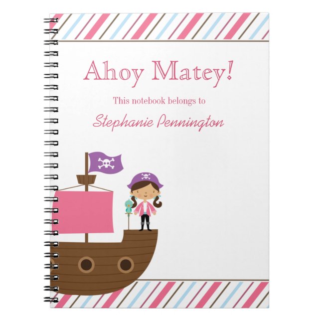 Personalised cute pink girl's pirate notebook (Front)