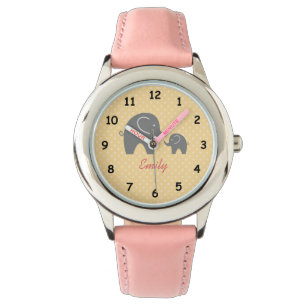Personalised cute pink grey elephant girls watch