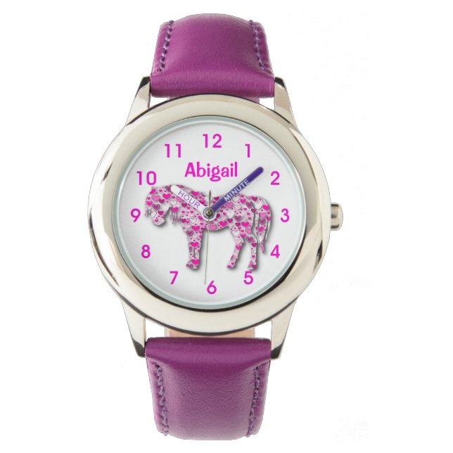 Personalised Cute Pink Heart Horse Pony Watch (Front)