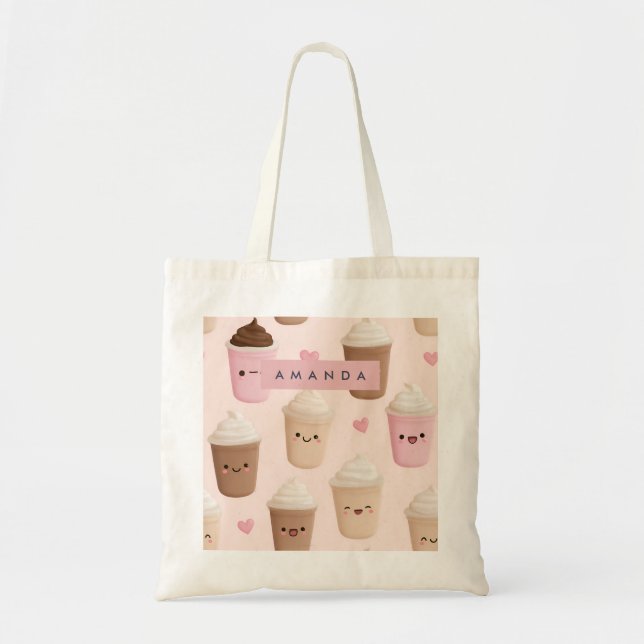 Personalised Cute Pink Kawaii Coffee Cup Tote Bag (Front)