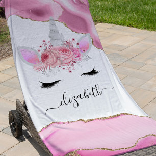 Personalised Cute Pink Kids Unicorn Beach Towel