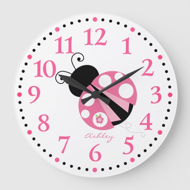 Personalised Cute Pink Ladybug Large Clock (Front)