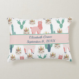Personalised Cute Pink Llama's and Green Cactus Decorative Cushion