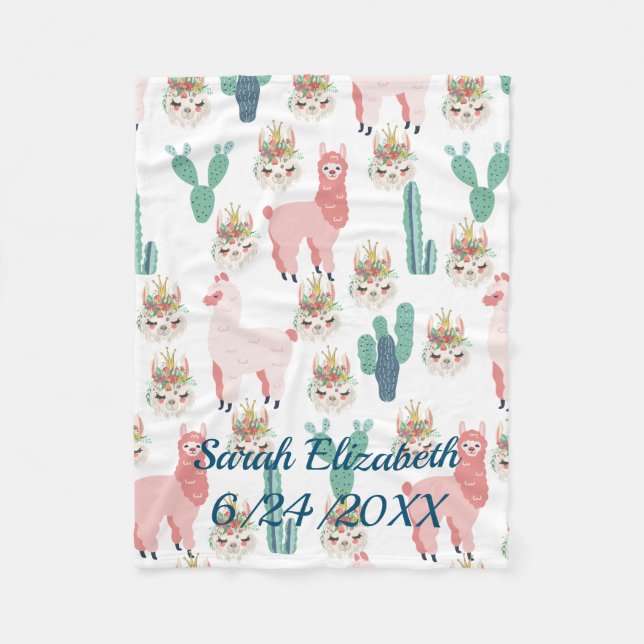 Personalised Cute Pink Llama's and Green Cactus Fleece Blanket (Front)
