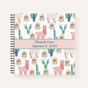 Personalised Cute Pink Llama's and Green Cactus Notebook
