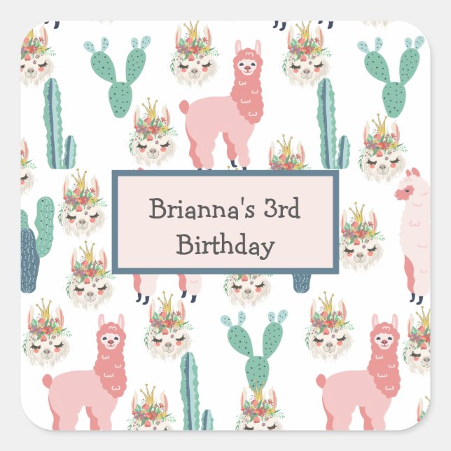 Personalised Cute Pink Llama's and Green Cactus Square Sticker (Front)