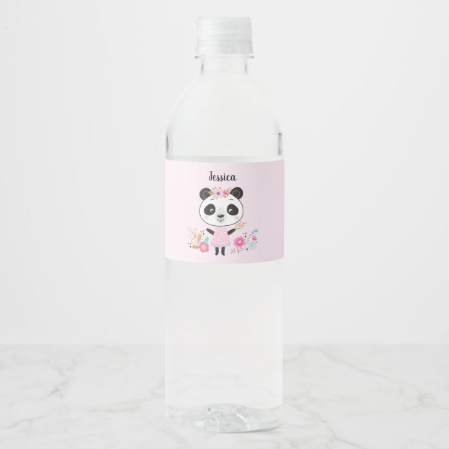 Personalised Cute Pink Panda Water Bottle Label (Front)