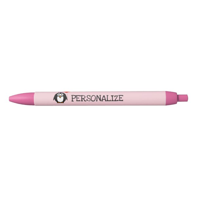 Personalised cute pink penguin girl's writing pens (Front)