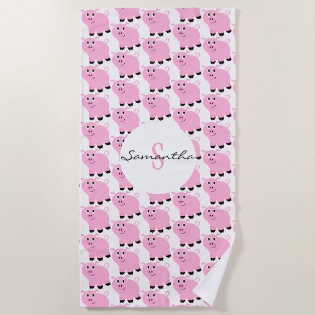 Personalised Cute Pink Pig Pattern Girls Animal Beach Towel (Front)