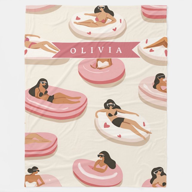 Personalised Cute Pink Pool Float Summer Aesthetic Fleece Blanket (Front)
