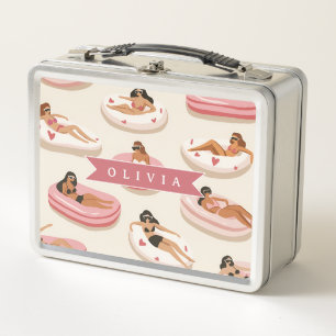 Personalised Cute Pink Pool Float Summer Aesthetic Metal Lunch Box