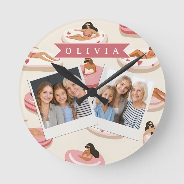 Personalised Cute Pink Pool Float Summer Aesthetic Round Clock (Front)