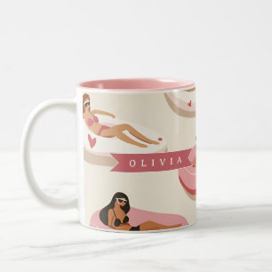 Personalised Cute Pink Pool Float Summer Aesthetic Two-Tone Coffee Mug