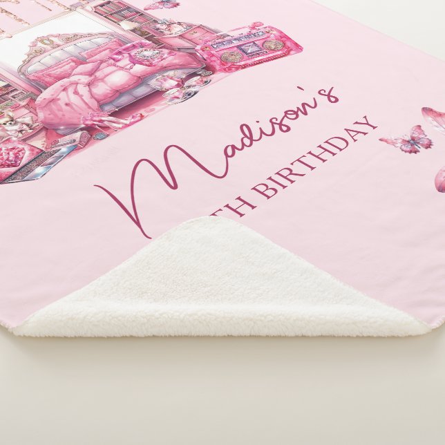 Personalised Cute Pink Sleepover Girl Birthday Sherpa Blanket (3/4)