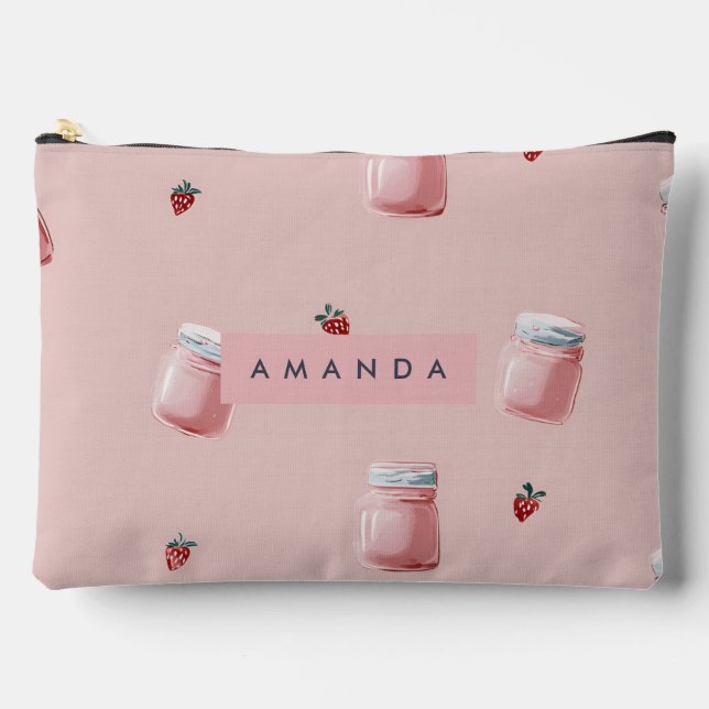 Personalised Cute Pink Strawberry Jar Pattern Accessory Pouch (Front)