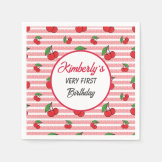 Personalised Cute Pink Stripes with Cherries Napkin