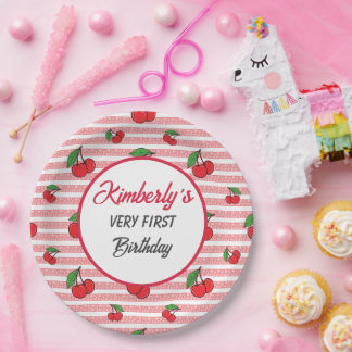 Personalised Cute Pink Stripes with Cherries Paper Plate