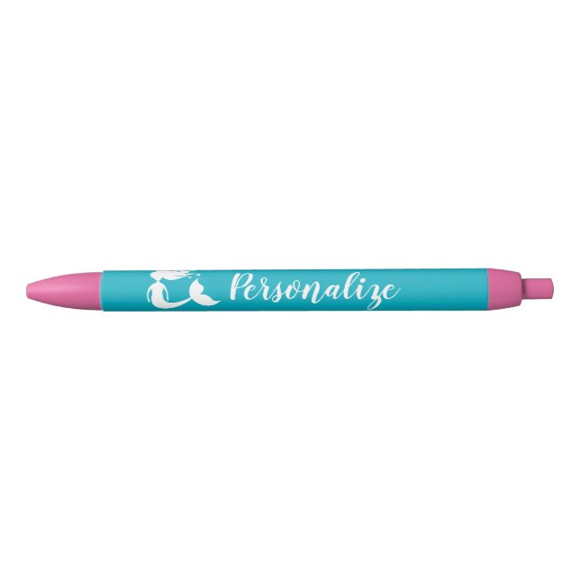 Personalised cute pink & turquoise mermaid girl's blue ink pen (Front)