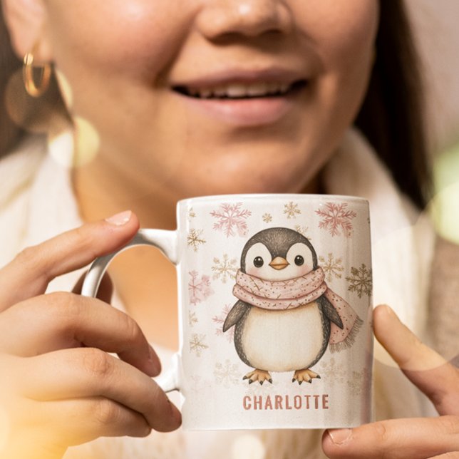 Personalised Cute Pink Winter Penguin Christmas Coffee Mug (Personalized Cute Pink Winter Penguin Christmas Coffee Mug)