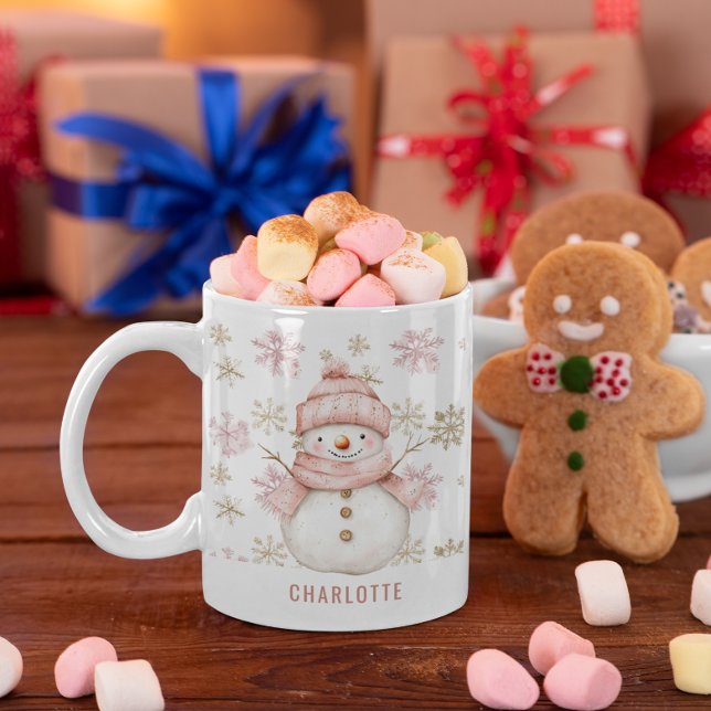 Personalised Cute Pink Winter Snowman Christmas Coffee Mug (Personalized Cute Pink Winter Snowman Christmas Coffee Mug)
