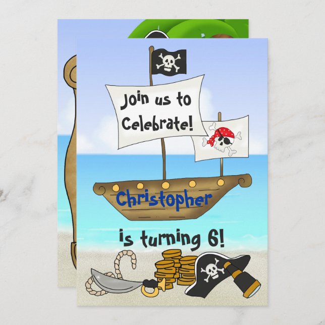 Personalised Cute Pirate Boy's Beach Birthday Invitation (Front/Back)