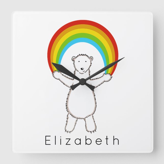 Personalised Cute Polar Bear and Rainbow Square Wall Clock (Front)