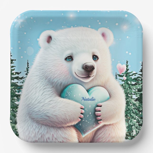 Personalised cute Polar Bear in snow with Heart   Paper Plate (Front)