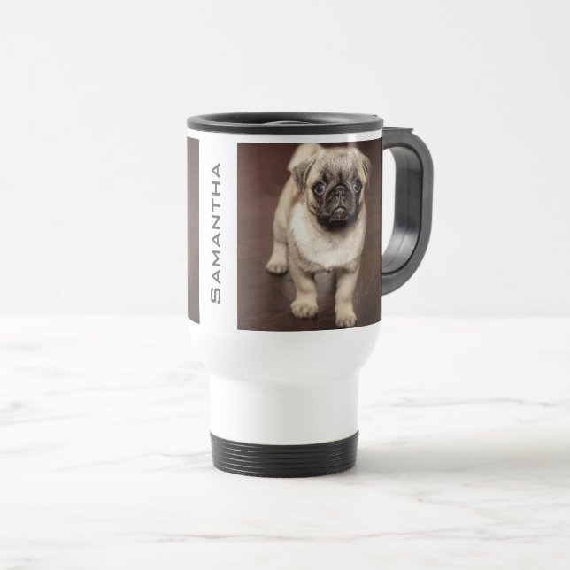 Personalised Cute Pug Puppy Photo Travel Mug (Front Right)