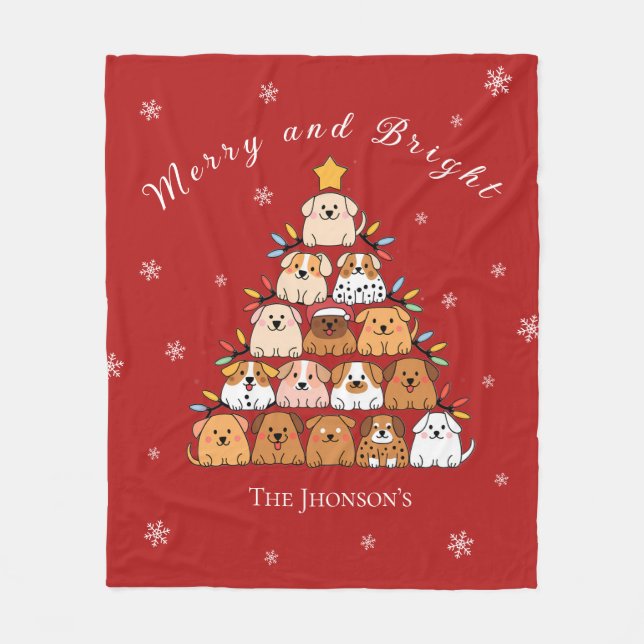 Personalised cute puppies Christmas tree dog lover Fleece Blanket (Front)