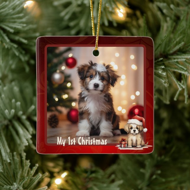 Personalised Cute Puppy Dog 1st Christmas Photo Ceramic Ornament (Tree)
