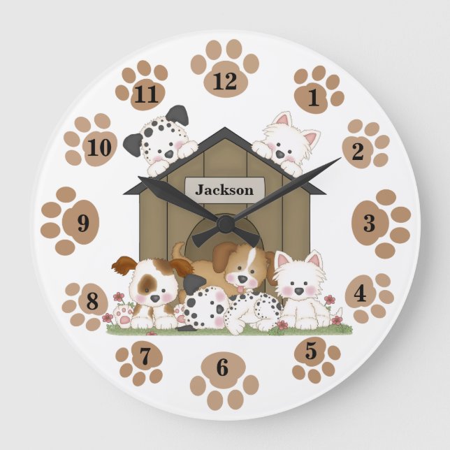 Personalised Cute Puppy Dog Baby Nursery Kids Room Large Clock (Front)